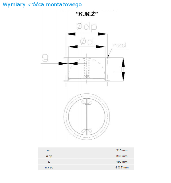 Wymiary króćca montażowego KMZ-315