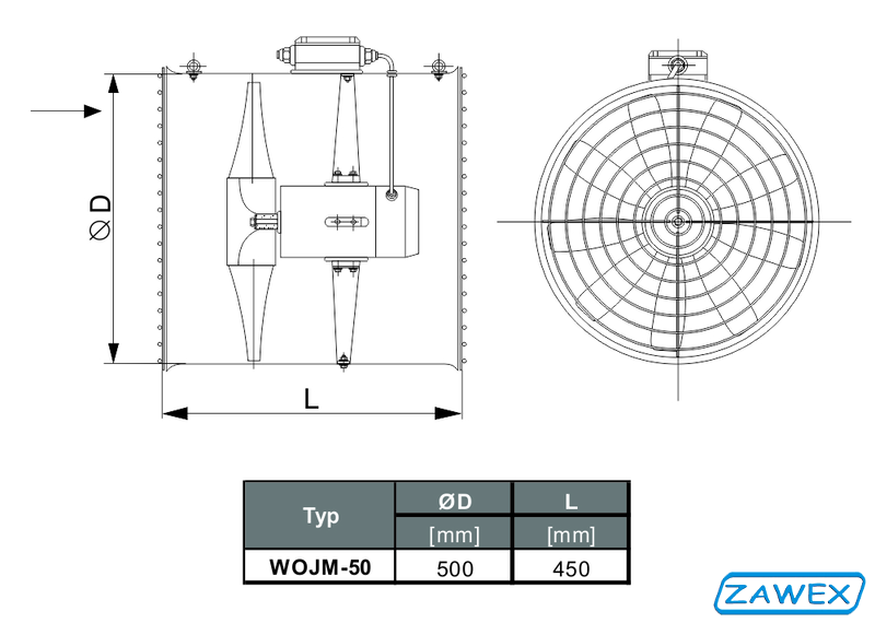 Wymiary wentylatora WOJM-50/6