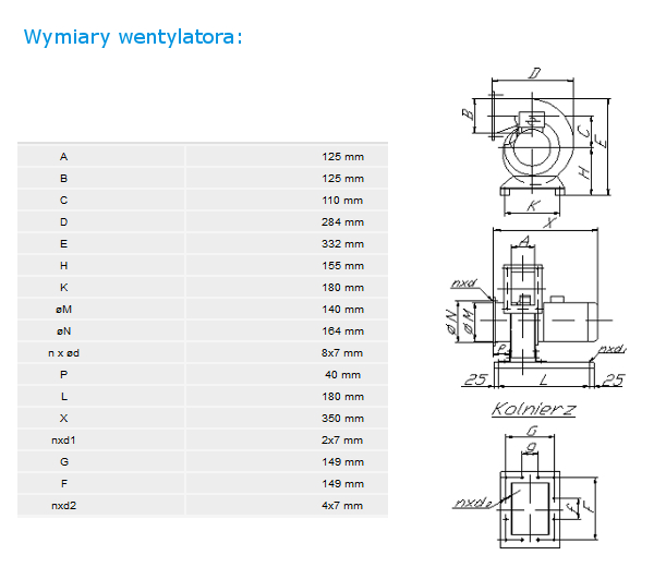 Wymiary wentylatora WPE-16 3G/3D