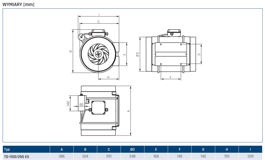 Wymiary wentylatora TD-1100/250 ATEX
