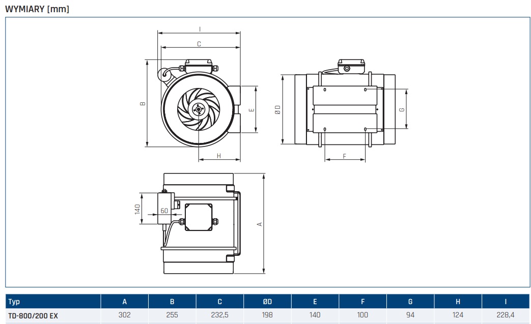 Wymiary wentylatora TD-800/200 ATEX