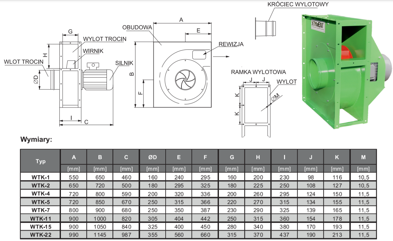 Wymiary wentylatora odciągowego do trocin WTK